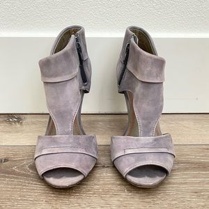 Grey / gray Miss Sixty cut out ankle booties with peep toe and triangle heels